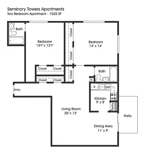 Floor plan 2BR 2BA (1025sf)