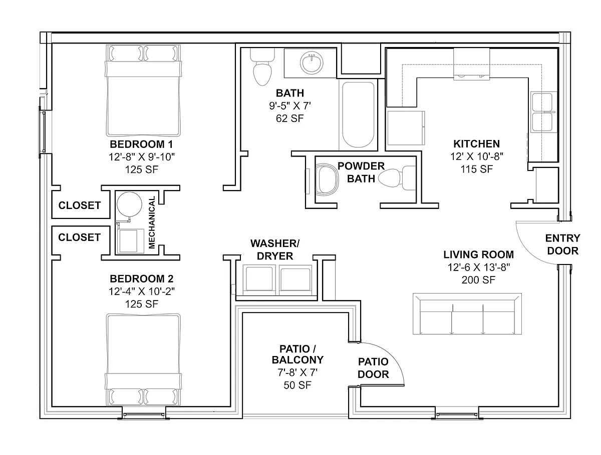 Floor plan 2 Bedroom/1.5 Bathroom
