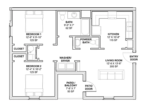 Floor plan 2 Bedroom/1.5 Bathroom