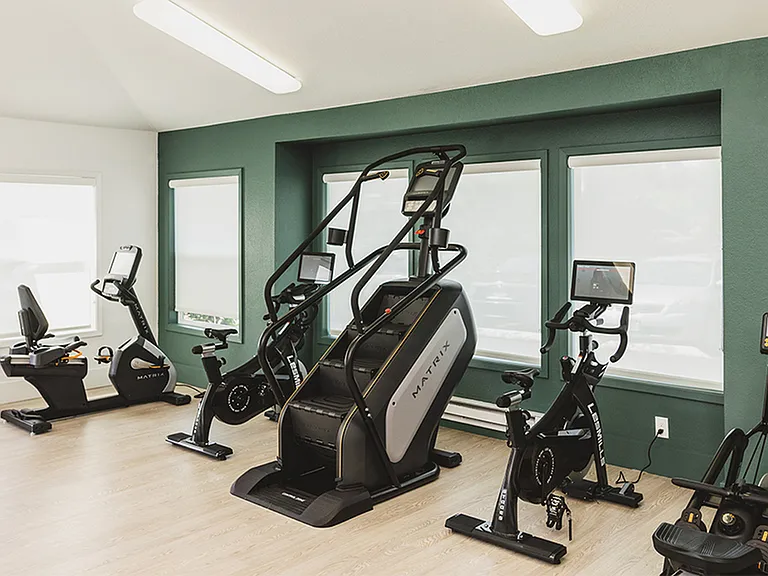 Brightly lit cardio area with stair climber and stationary bike options