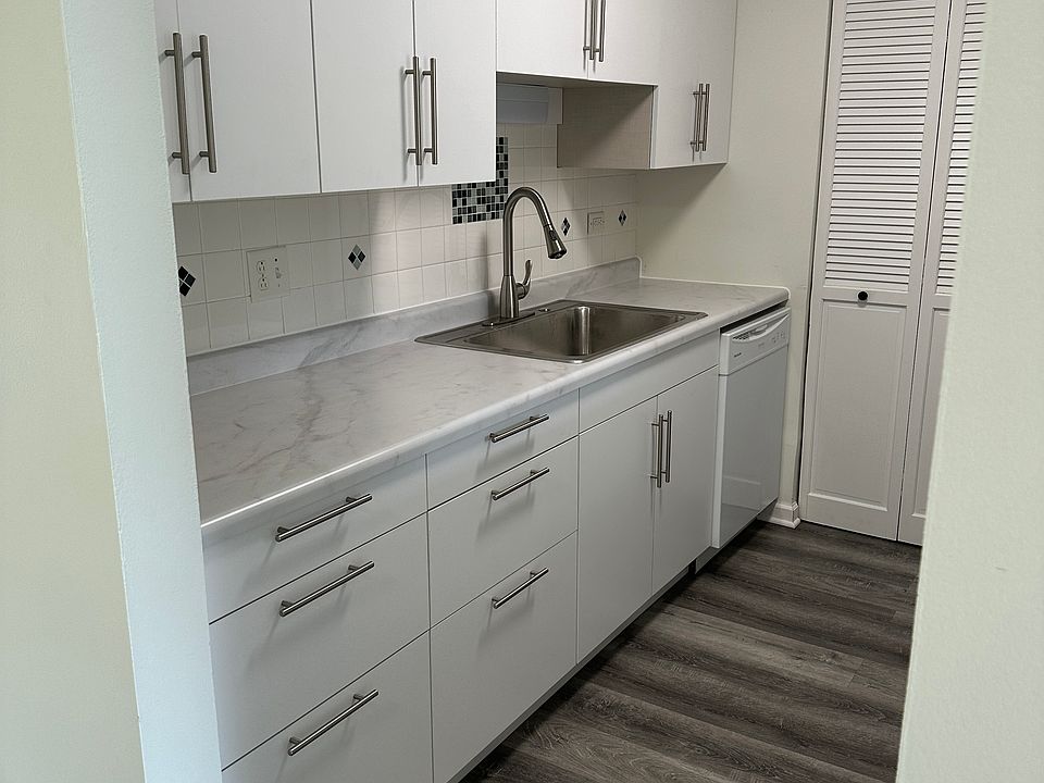 Kitchen - brand new cabinets, sink, countertops. Closet in the back houses stacked in-unit washer/dryer and has shelving