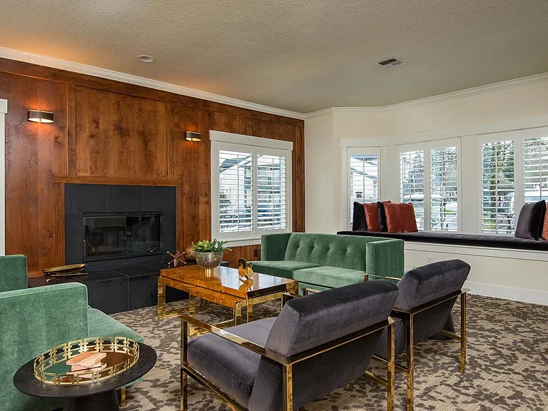 Riverwood | Lounge Area Velvet Couches with Fireplace
