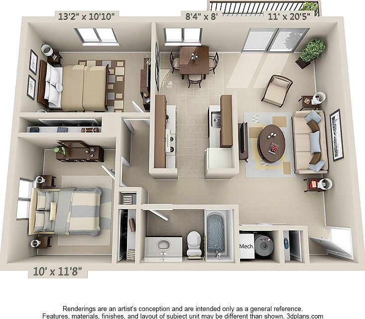 2 Bedroom 1 Bathroom Layout