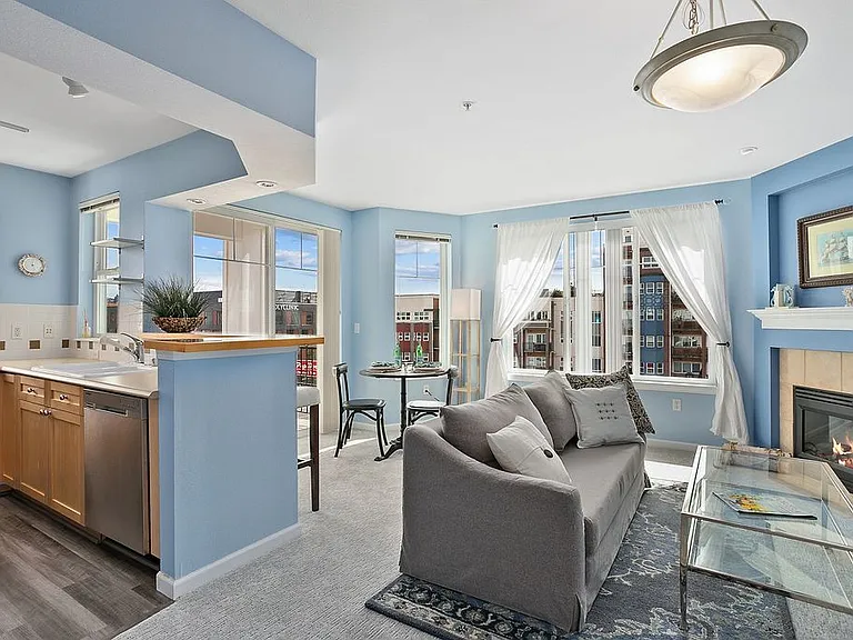 Kitchen, dining, and living areas