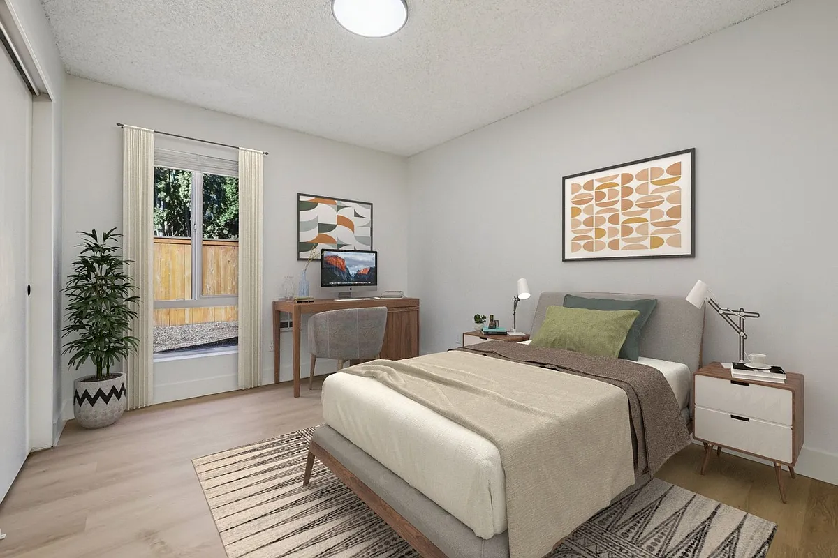 Virtually Staged Bedroom - All Units Come Unfurnished. - Olympic West Apartments