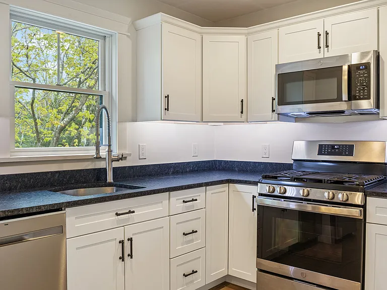 Kitchen with stove, microwave, dishwasher and refrigerator.