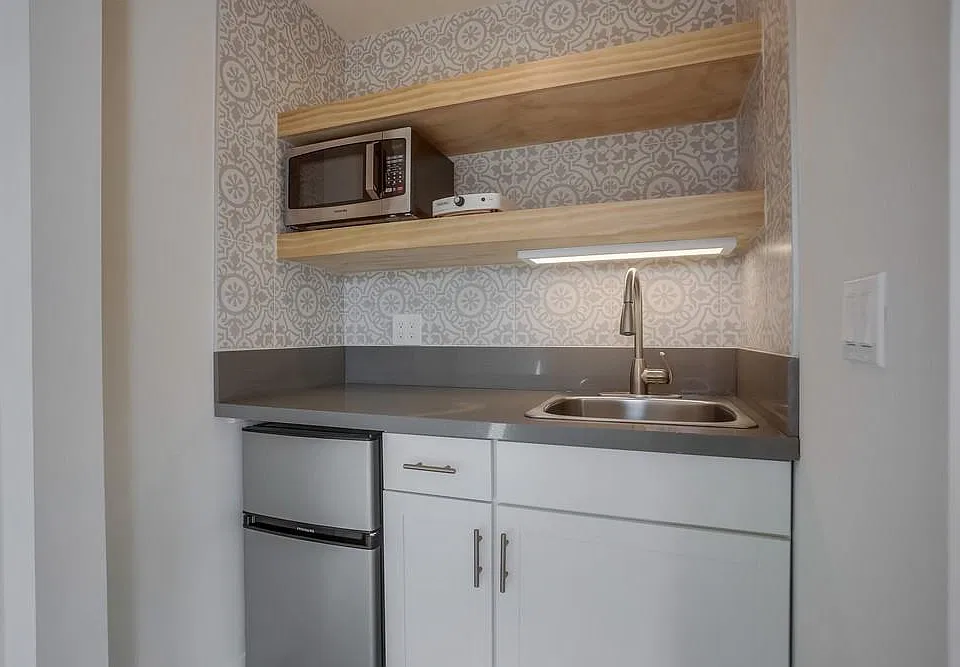 Modern kitchenette with mini fridge, microwave, sink and hot plate.