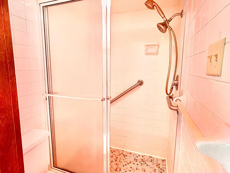 Easy entry shower with safety bar and adjustable shower in second bath