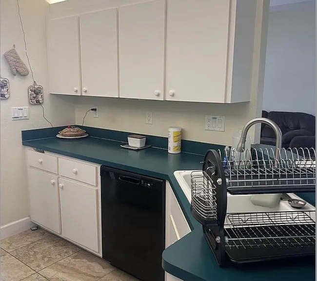 U-shaped kitchen with ample cabinet storage, generous counter space, and a double-basin sink for easy meal prep.