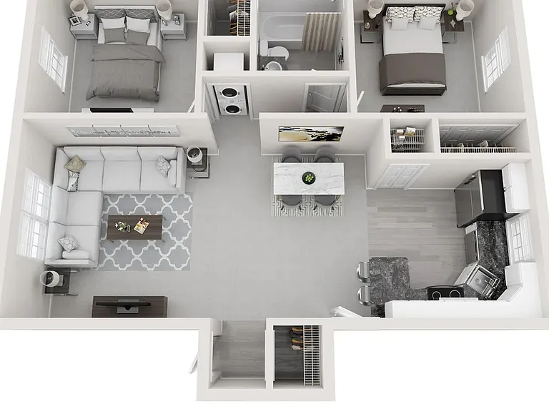 A 3D rendering of the New England floor plan, a 2 bedroom 1 bathroom