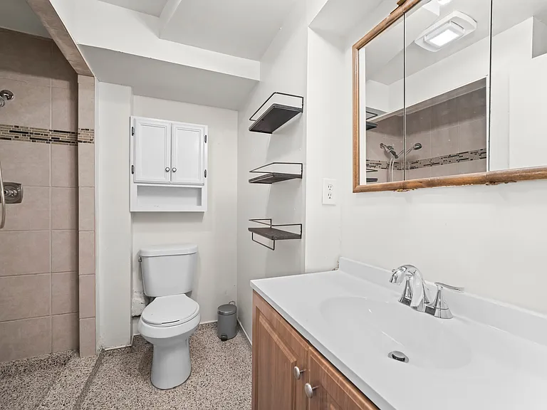 Fully finished basement bathroom with a walk-in shower, offering added convenience and flexibility.