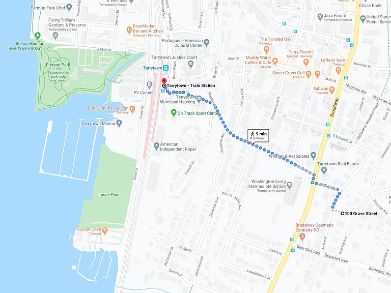 10 minute walk to Tarrytown train station. Express train to Grand Central takes 37 minutes.