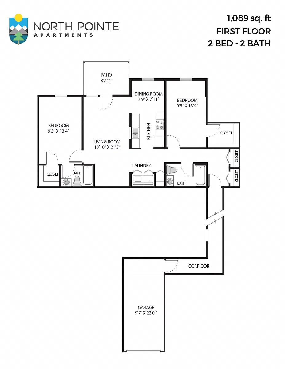 Floor plan 2 Bed, 2 Bath - 1,089 sq ft