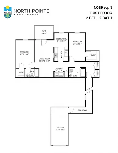 Floor plan 2 Bed, 2 Bath - 1,089 sq ft