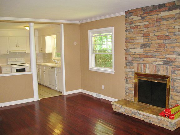 Den with wood burning fireplace