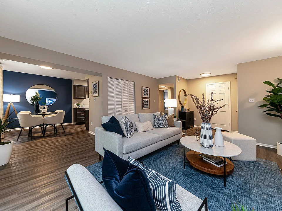 Spacious living room with hardwood-style flooring