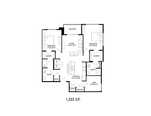 Floor plan 2+Den, 2 Bathrooms