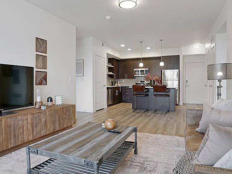 Open-concept design connecting the living room and kitchen.