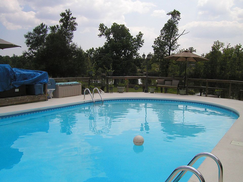 View of Pool, back yard and Lake from back of house