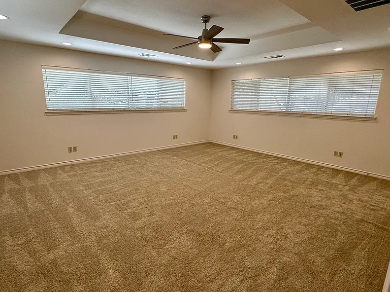 Upstairs game room featuring carpet floors, a tray ceiling, and great natural light