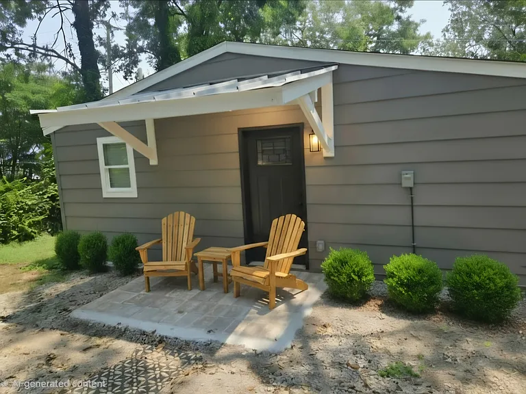 Rear of home has a covered area, perfect for a seating area, to enjoy your large yard.
