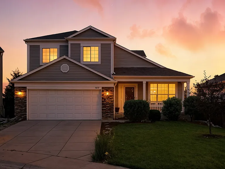 Front of house at sunset