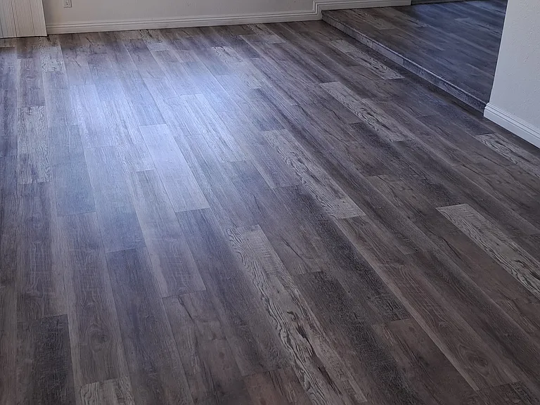Tiled Entry and wood plank Living Room