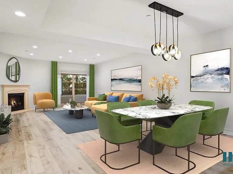 Open-Concept Kitchen and Living Room with Fireplace and Patio