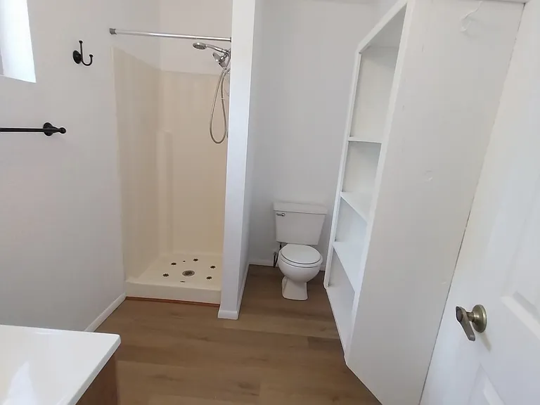 Shower and storage shelving in master bath