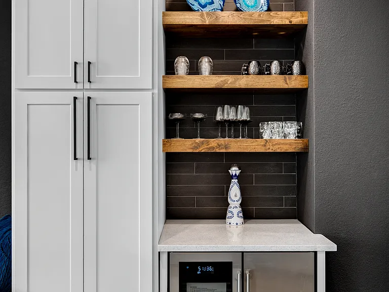 Open shelving and beverage center