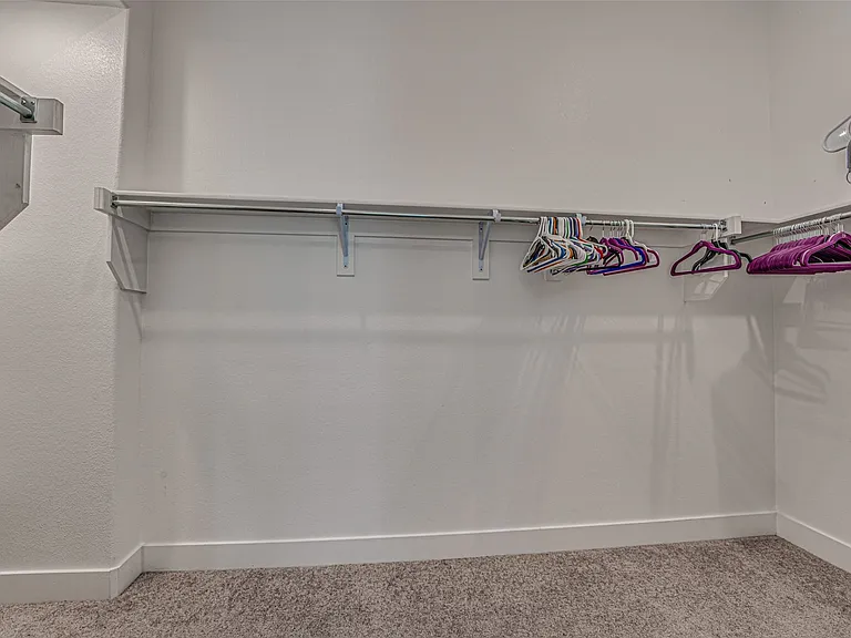 Walk-in closet featuring white walls, white baseboards, wall-mounted shelving, and carpet flooring