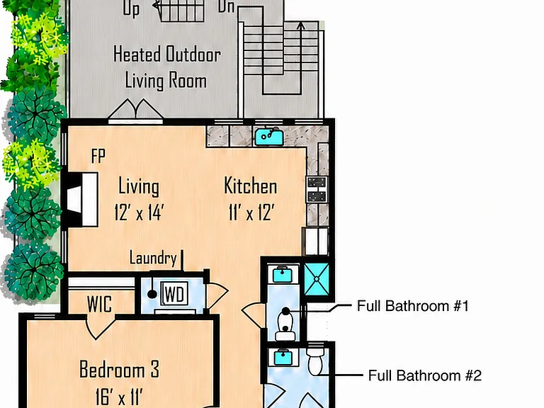 Floor plan of 1416 Lyon Street featuring 3 large bedrooms, 2 thoughtfully designed bathrooms, ample hallway storage and a private heated deck overlooking the lush garden. Eastern exposure brings beautiful natural light through mature trees.