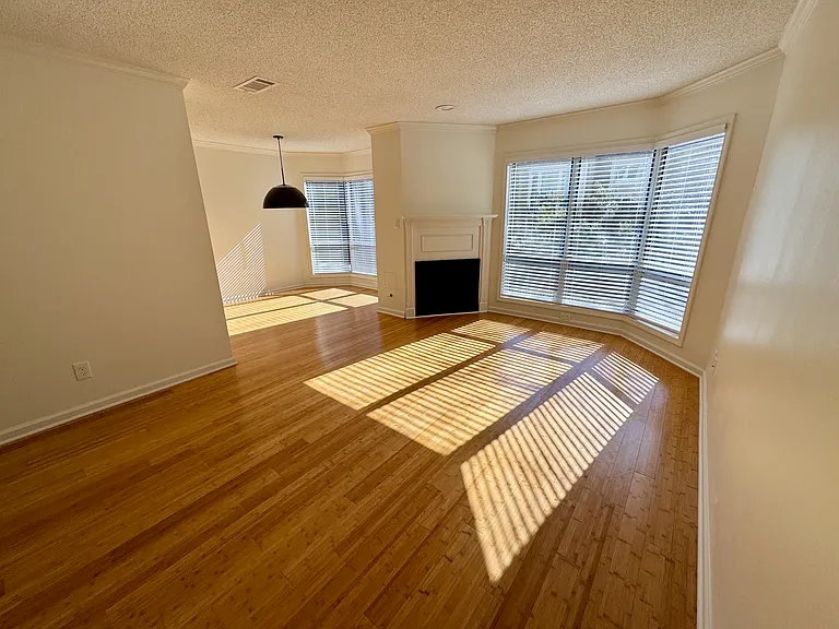 sunny living room with view into dining room