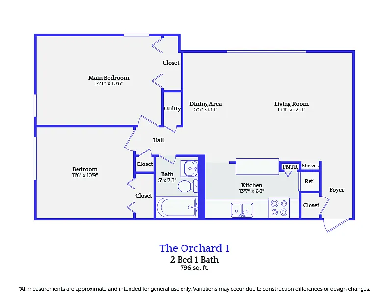 Floor plan The Orchard-2 bedroom/1 bath