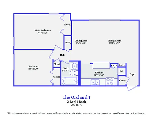 Floor plan The Orchard-2 bedroom/1 bath
