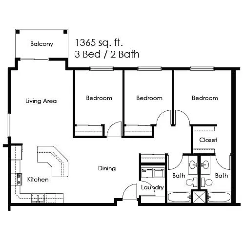 Floor plan 3 Bed 2 Bath | 1365sf