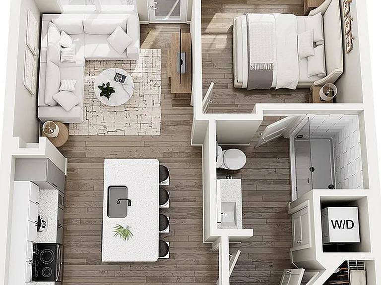 The Rhine, 1/1, 722 SF | Spacious apartment floor plan with a cozy bedroom, modern kitchen, stylish open living area, and a vibrant balcony view. The Rhine, 1/1, 722 SF | Spacious apartment floor plan with a cozy bedroom, modern kitchen, stylish open livi