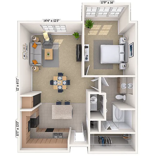 Floor plan Traditional 1x1 720-1082 SF