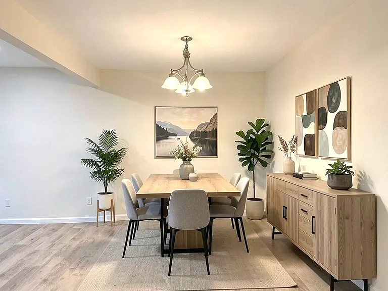 Digitally staged dining room.