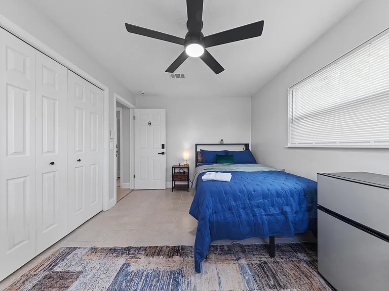 Reach-in closet with full hanging space room for your whole wardrobe. Renovated 2026.