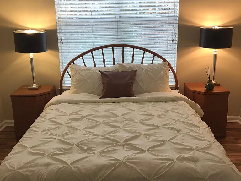 Master bedroom boasts a queen bed with end tables, dresser and a walk-in closet.