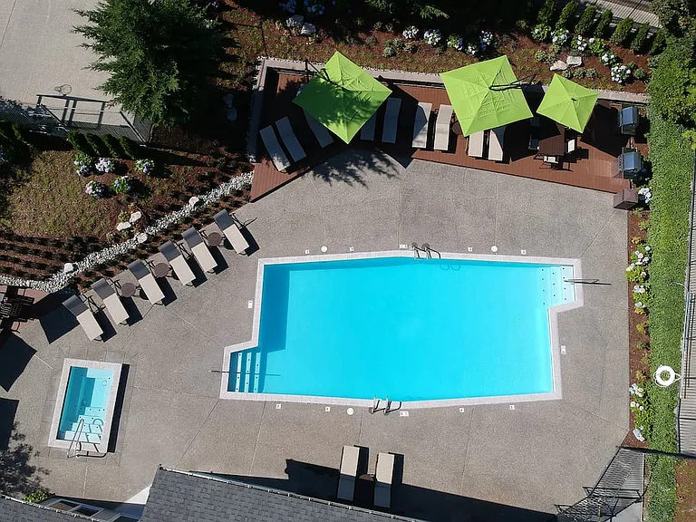 Swimming pool and spa with lounge seating