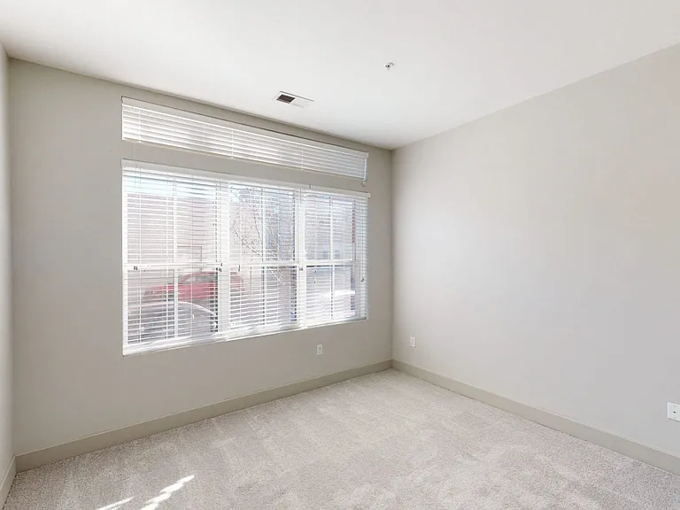 Spacious apartment bedroom with plush carpet flooring.
