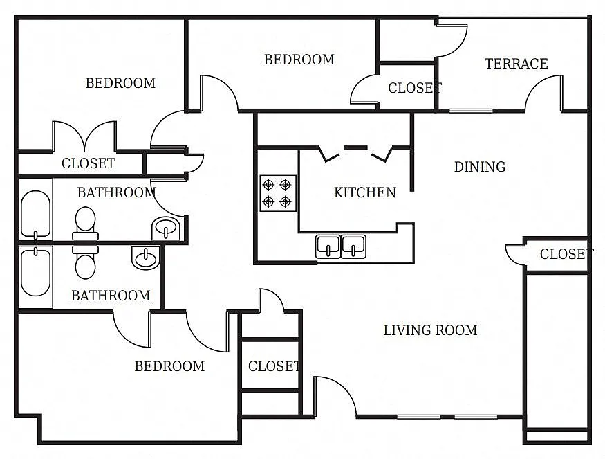 Floor plan Three Bedroom Two Bath
