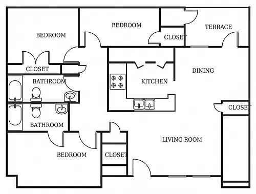 Floor plan Three Bedroom Two Bath