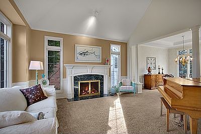 living room showcases the fireplace.