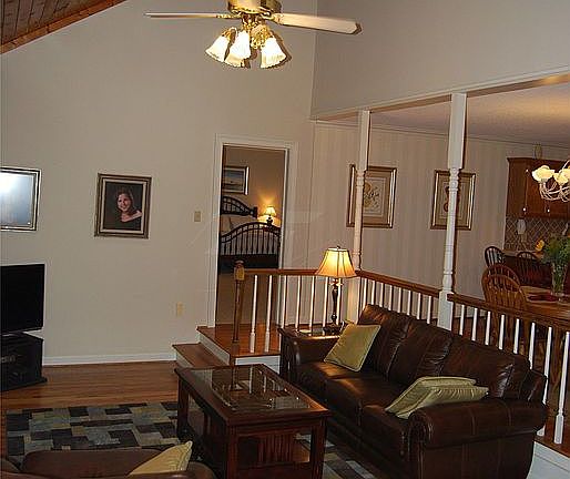 cathedral ceiling in den open to kitchen