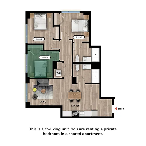 Floor plan Private Bed in a 3 Bed 2 Bath A - RM1
