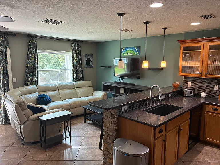Living room area and kitchen