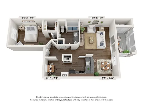 Floor plan 1 Bedroom 1 Bath Signature 901 sq ft